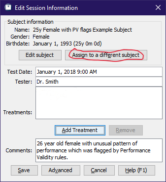 Edit Session Info window with 'Assign to a different subject' button in the upper right circled